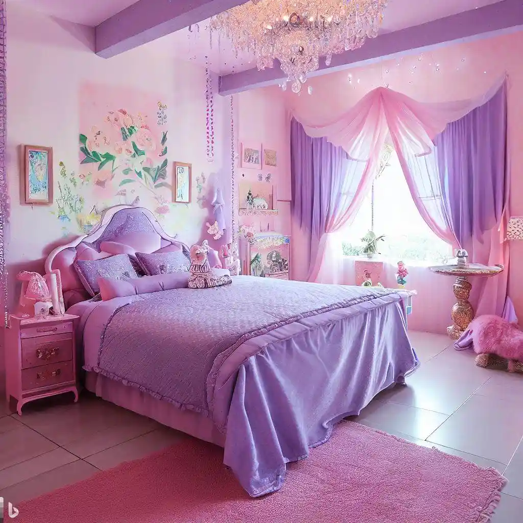 pink lavender master bedroom bed coffee table chandelier