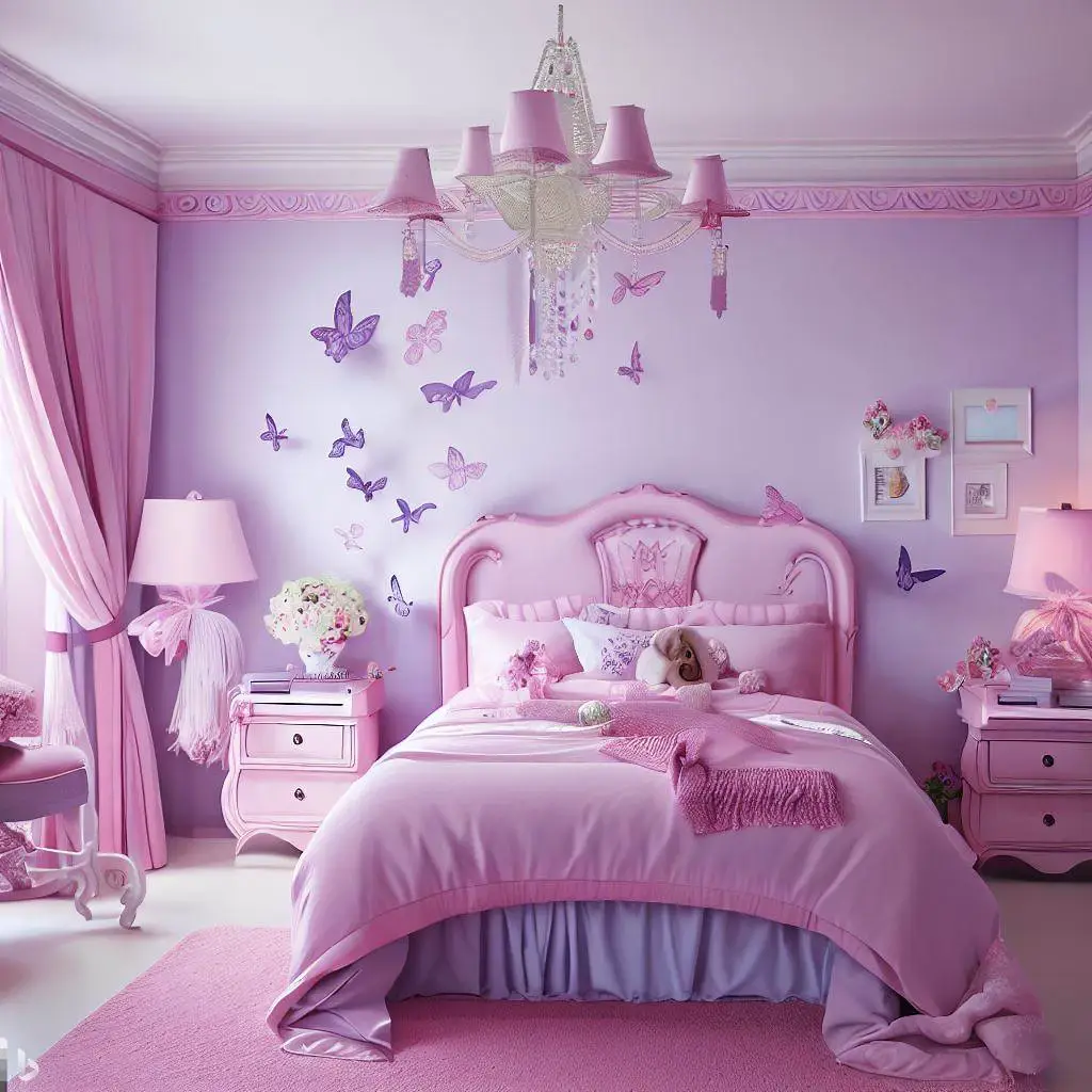 pink and lilac master bedroom upholstered bed butterfly wallpaper