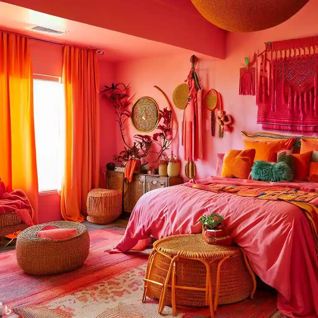 pink orange master bedroom ethnic pattern rug