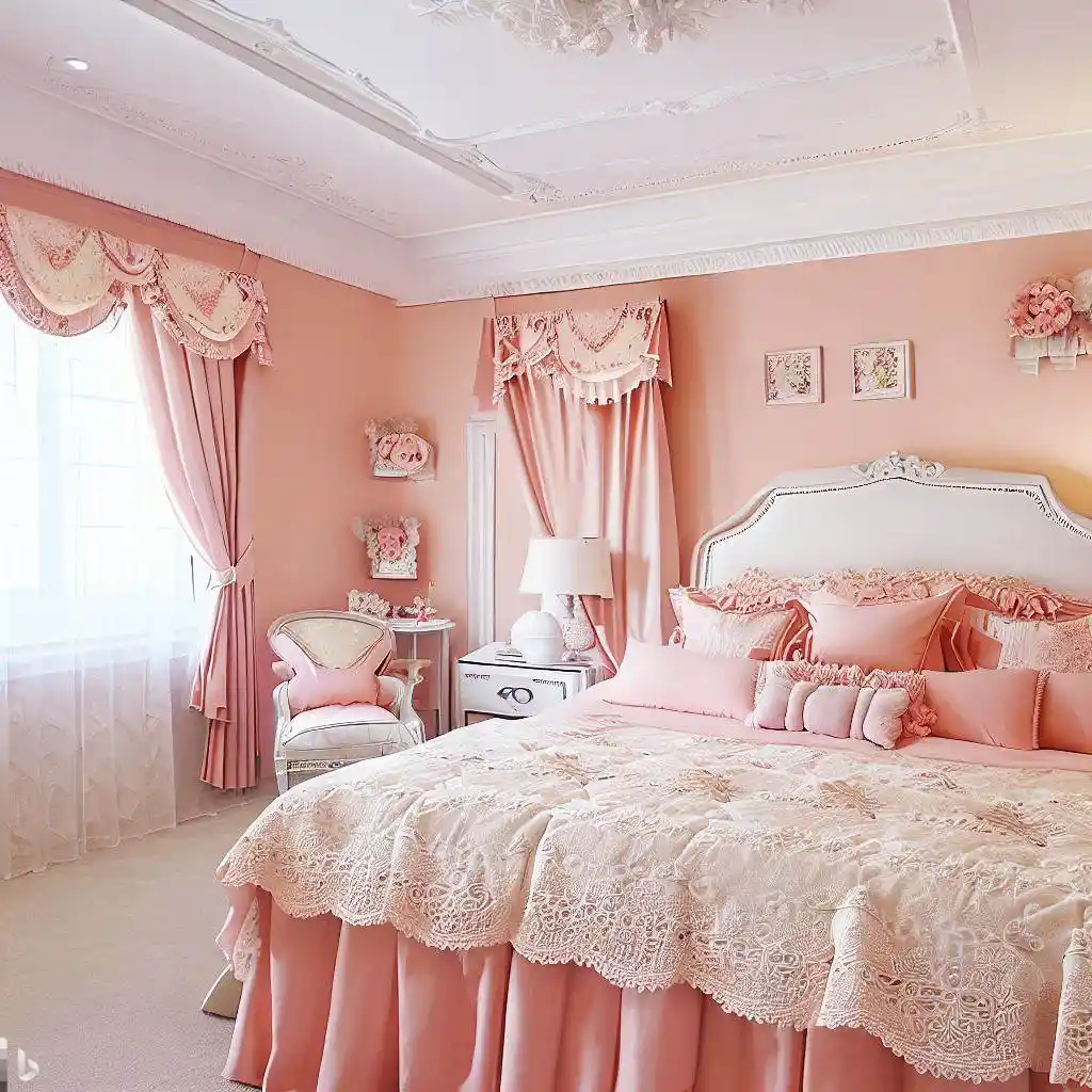 pink peach bedroom white furniture ceiling print