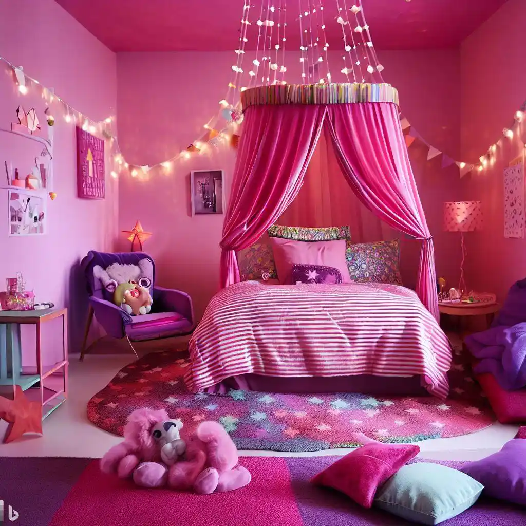 pink purple bedroom fairy lights canopy bed