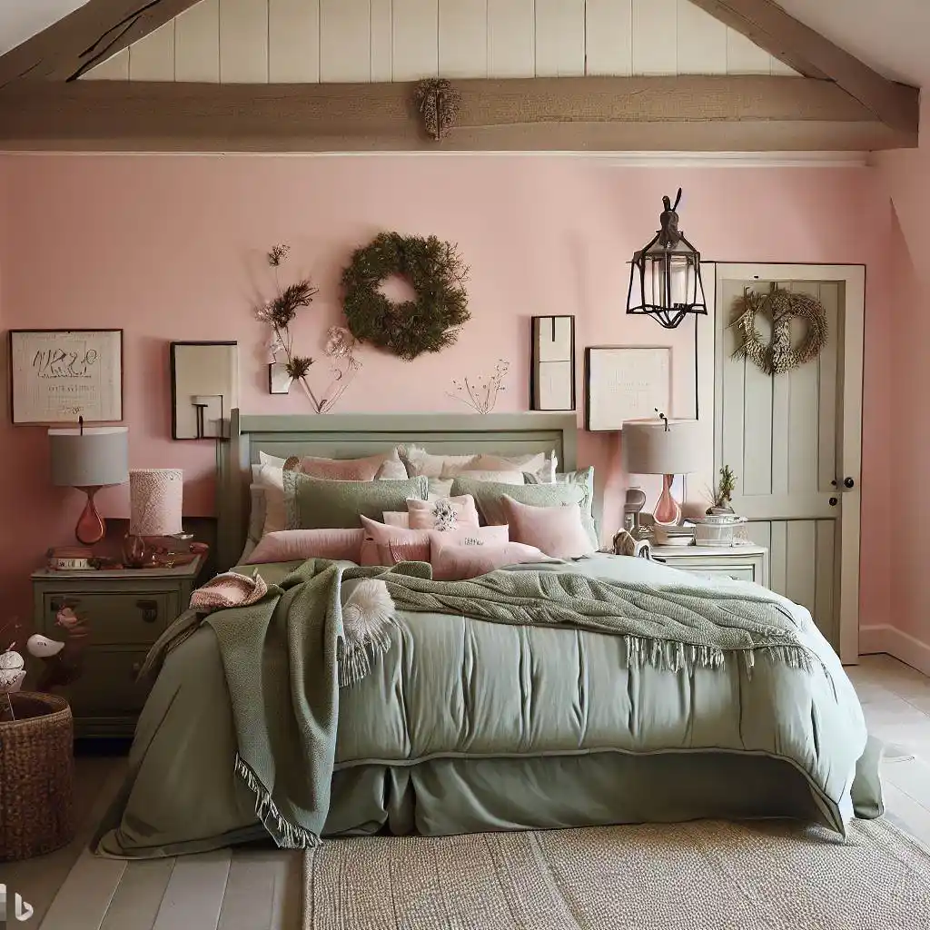 pink sage green maser bedroom shiplap wall wood beam wreath