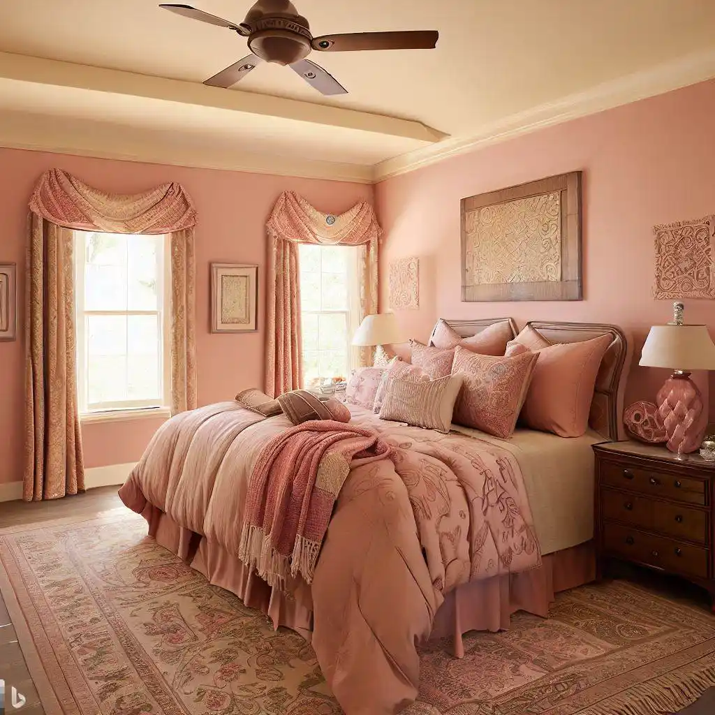 pink tan bedroom wooden floor paisley wallpaper