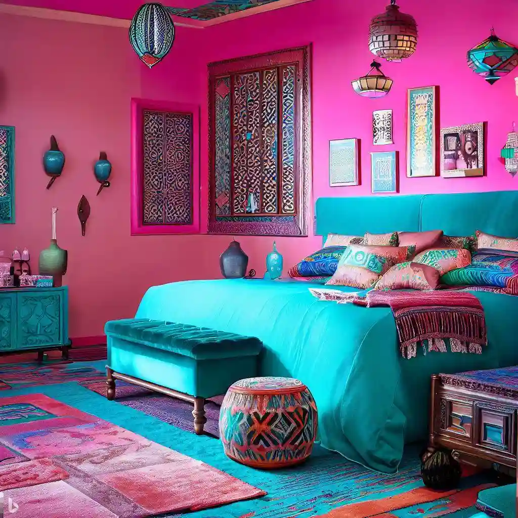 pink teal master bedroom Moroccan pattern rug tiles lantern