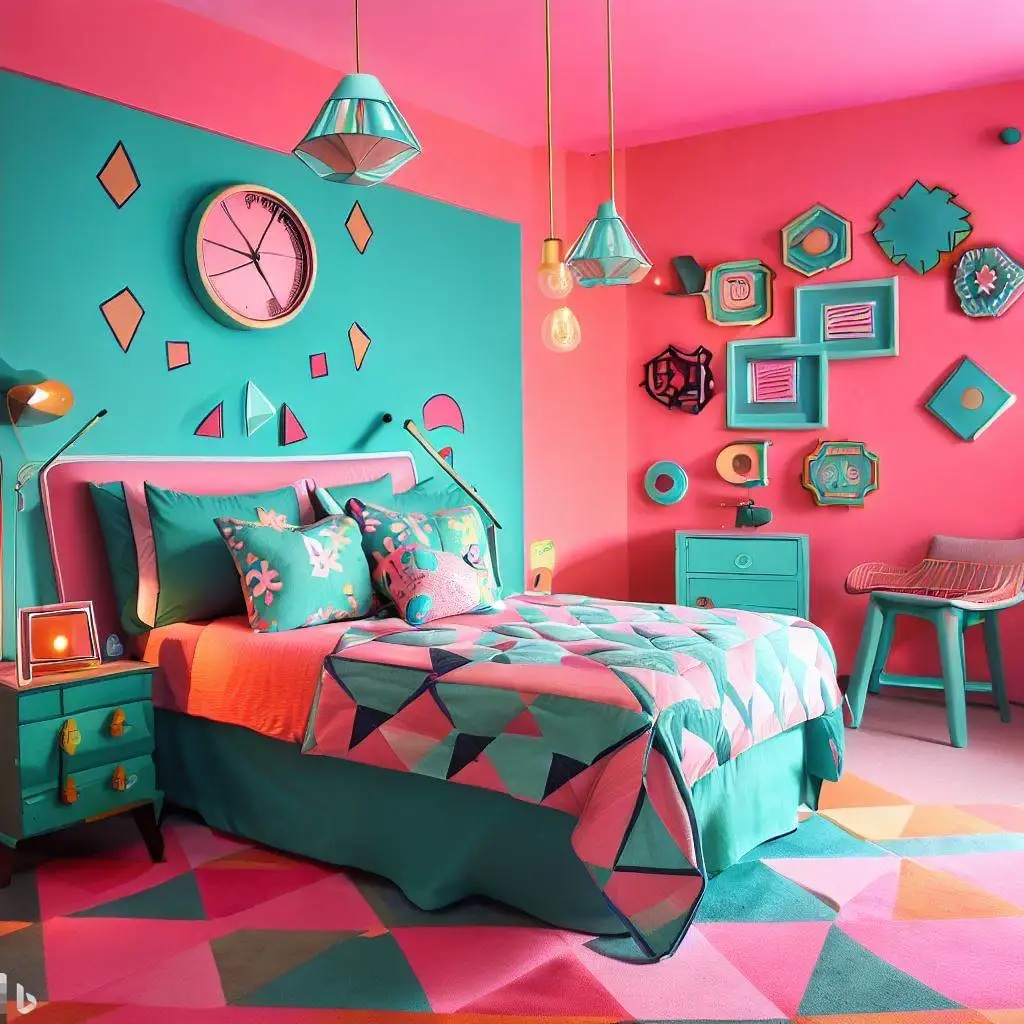 pink turquoise master bedroom wall clock pendant light record player