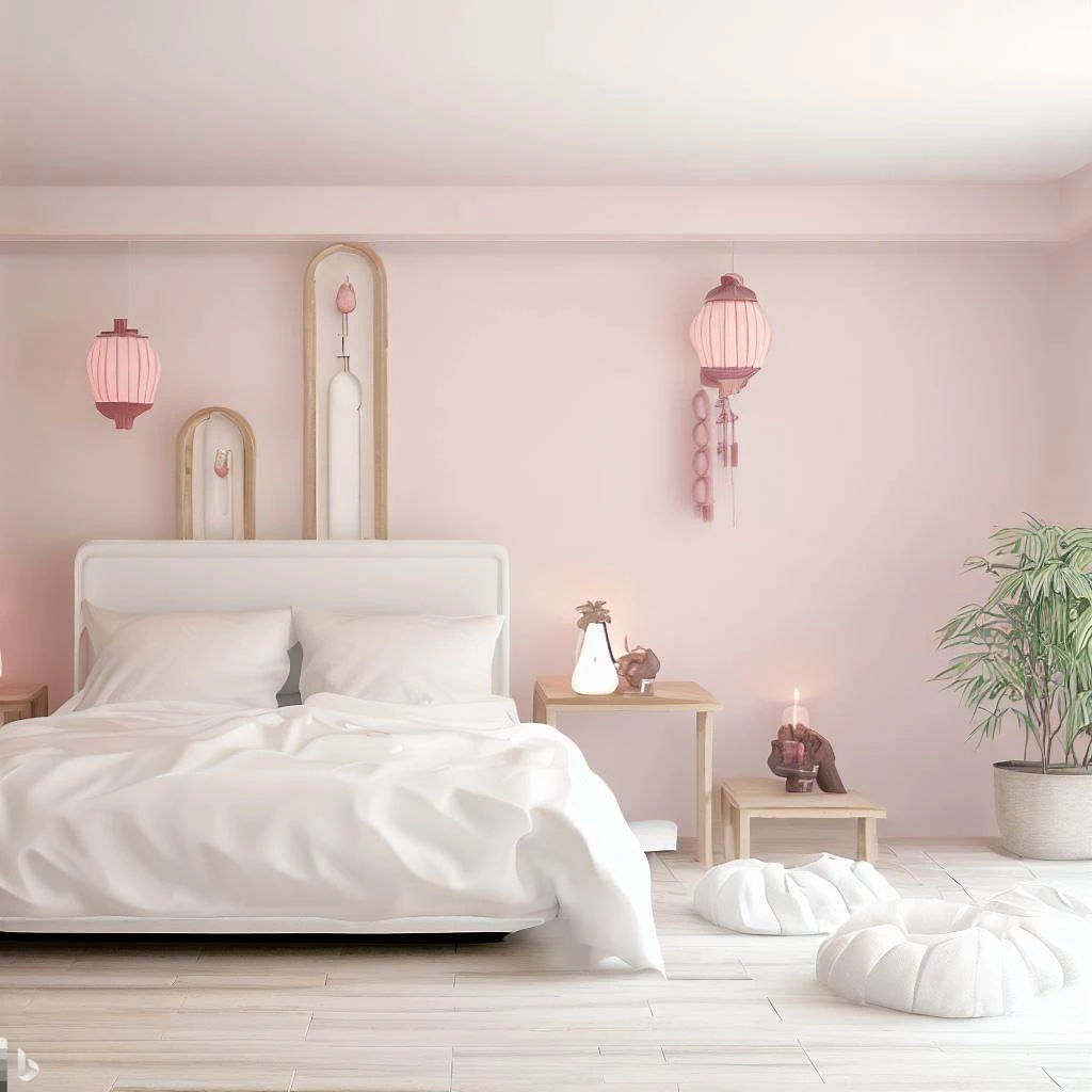 pink white bedroom low bed lantern