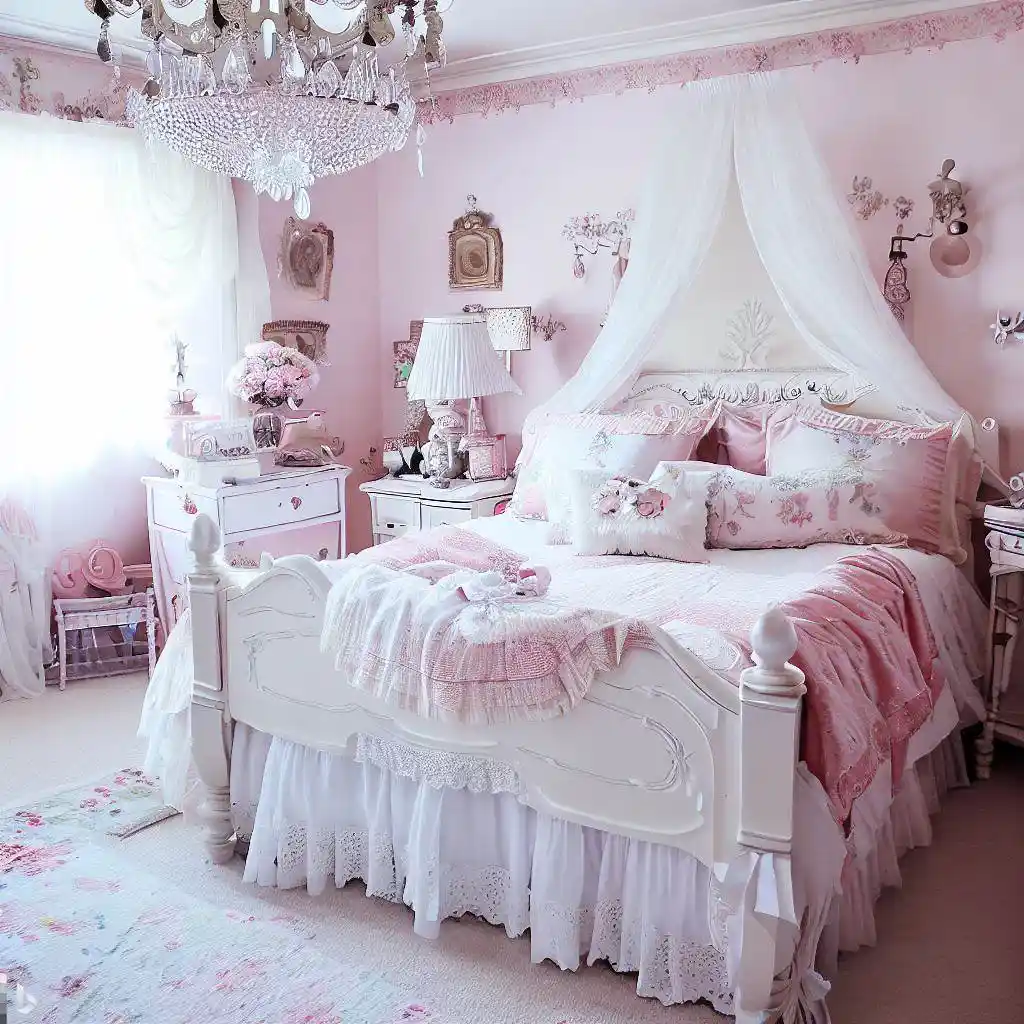 pink white master bedroom distressed furniture floral fabrics