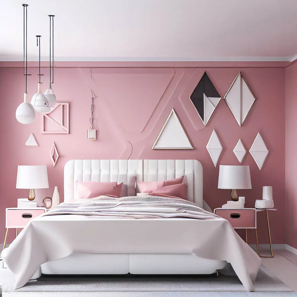 pink white master bedroom wall art geometric shapes