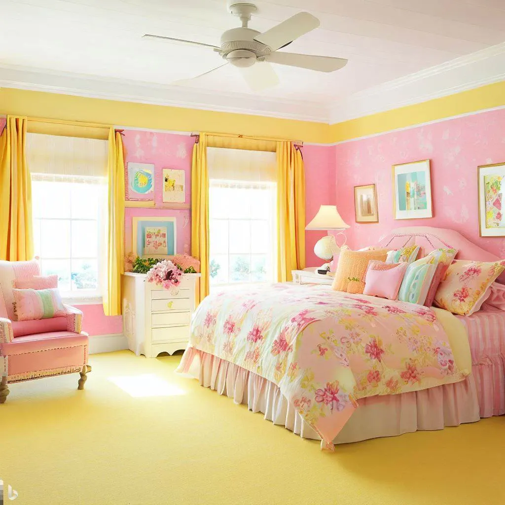 pink yellow master bedroom floral wallpaper
