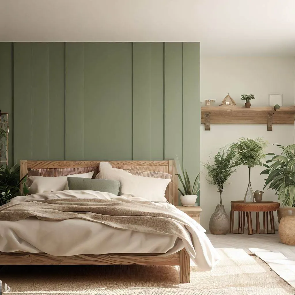 sage green wall wooden bed frame a beige rug and plant