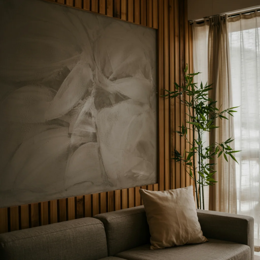 Concrete Accent Wall with Wooden Slats in japandi living room