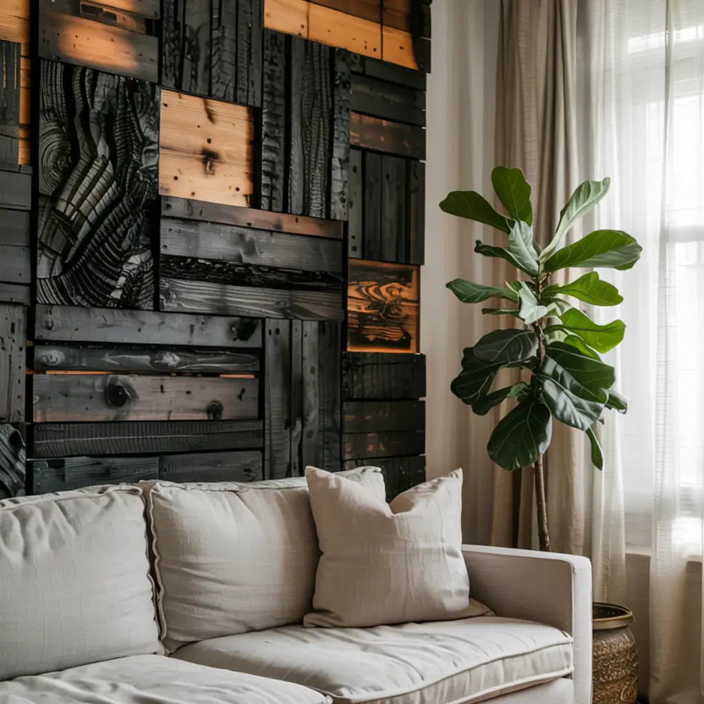 DIY Shou Sugi Ban Wall Art in japandi living room