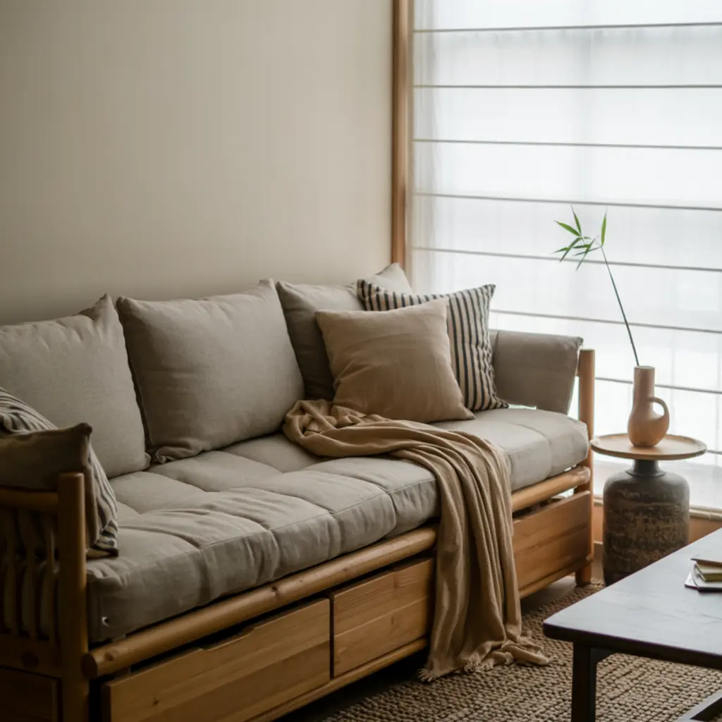 Futon Daybed with Storage Drawers in japandi living room