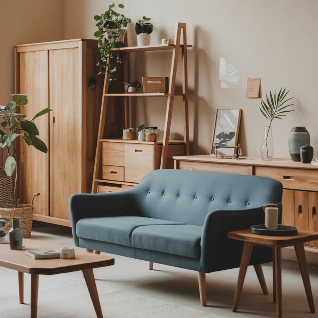 Japandi Living Room with a blue sofa with wooden legs, wooden coffee table, and a wooden side table