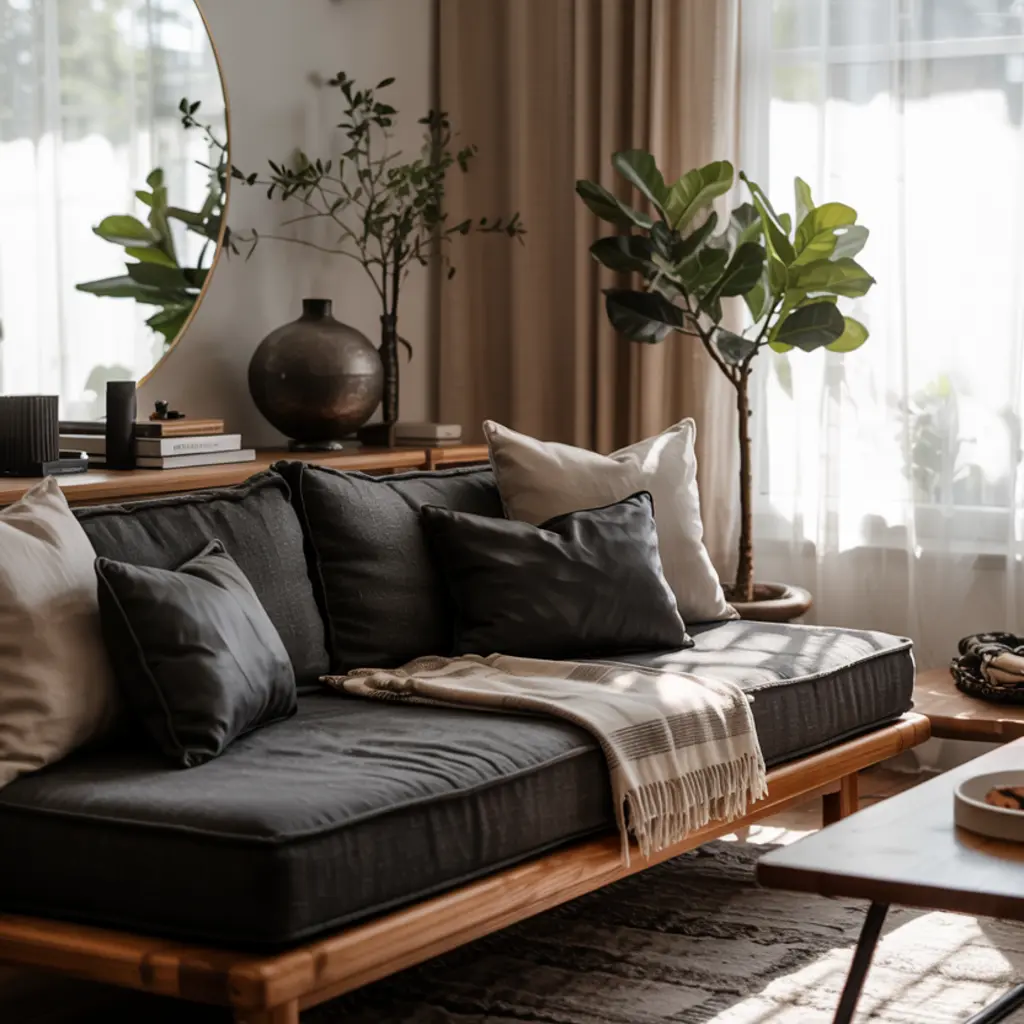Japandi Living Room with charcoal color sofa and decor