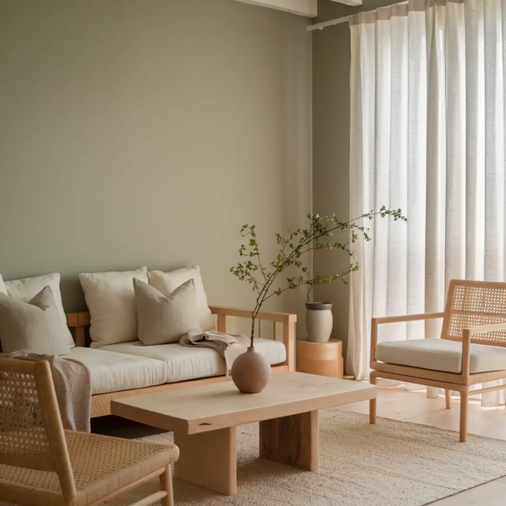 Japandi Living Room with muted sage green wall