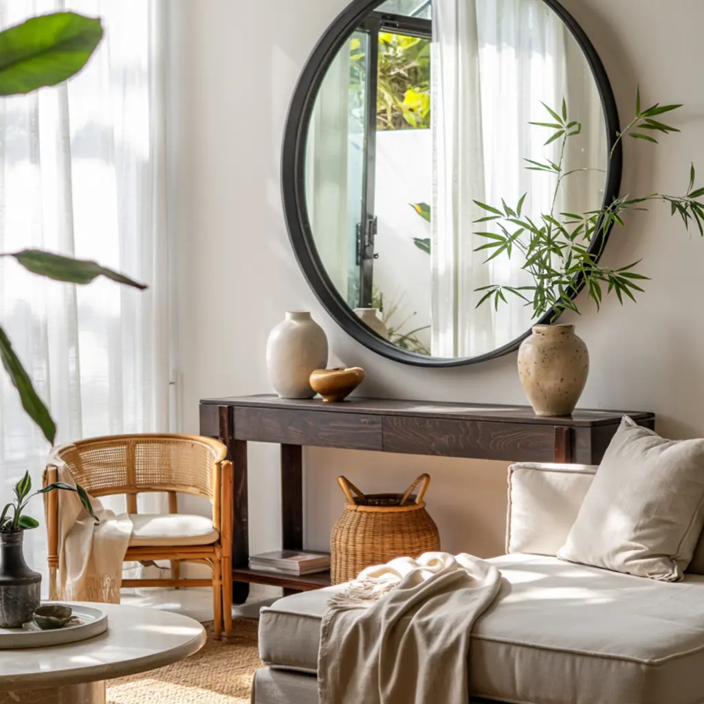 Japandi Living Room with statement round mirror