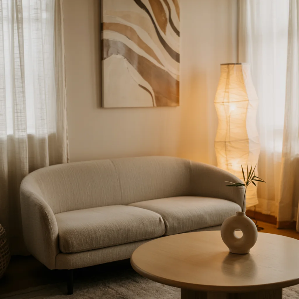 Japandi Living room with curved sofa and round coffee table