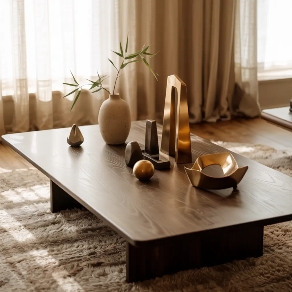 Japandi living room with bronze accent