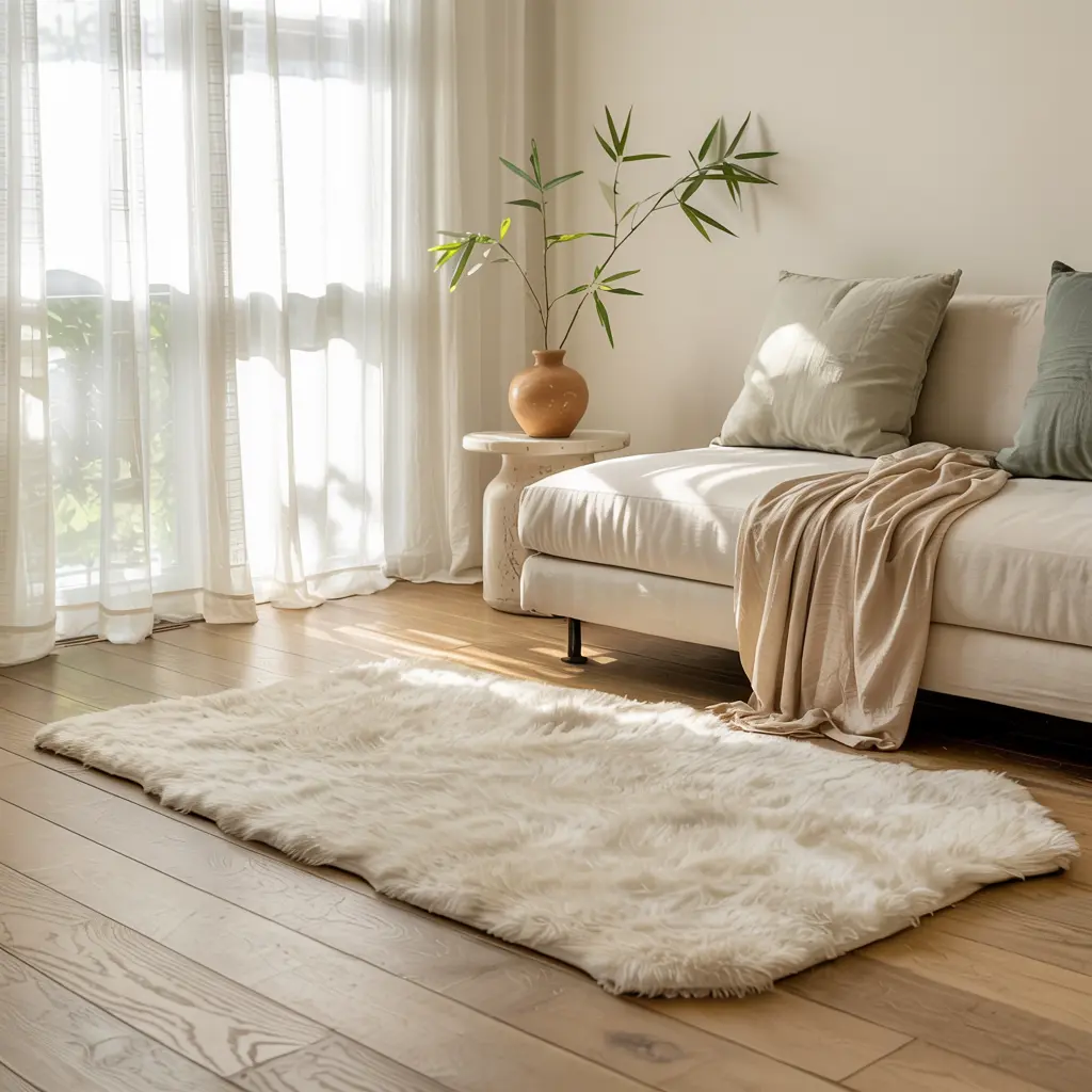 Japandi living room with faux rug