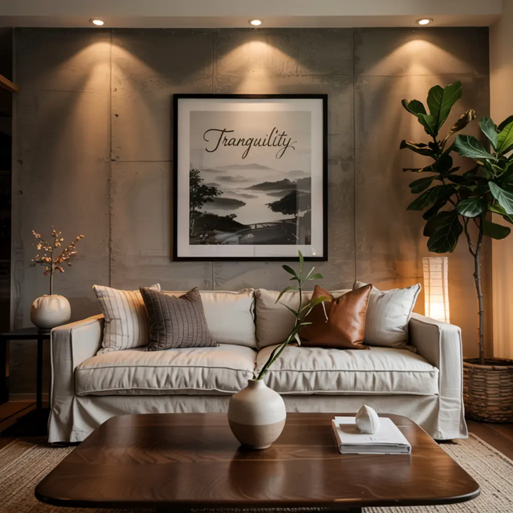 Japandi living room with lighting