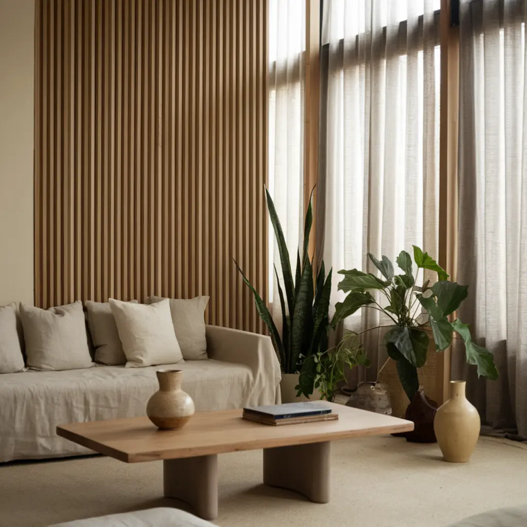 Japandi living room with slat panel accent wall