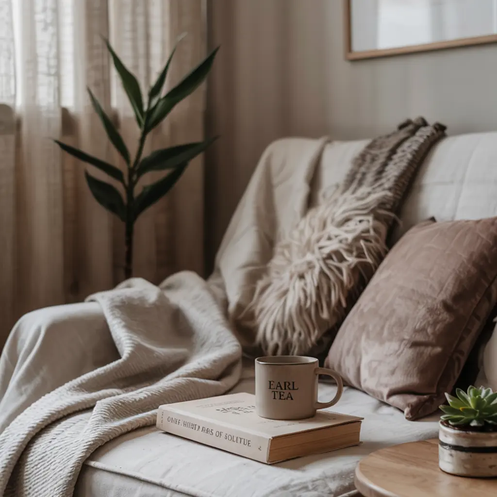 Japandi living room with soft linen and cozy throw