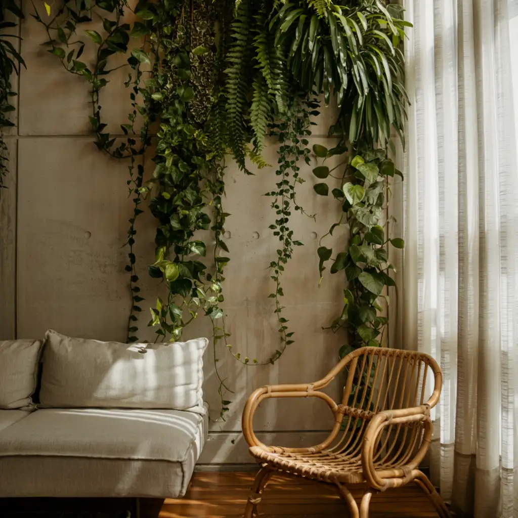 Japandi living room with vertical garden