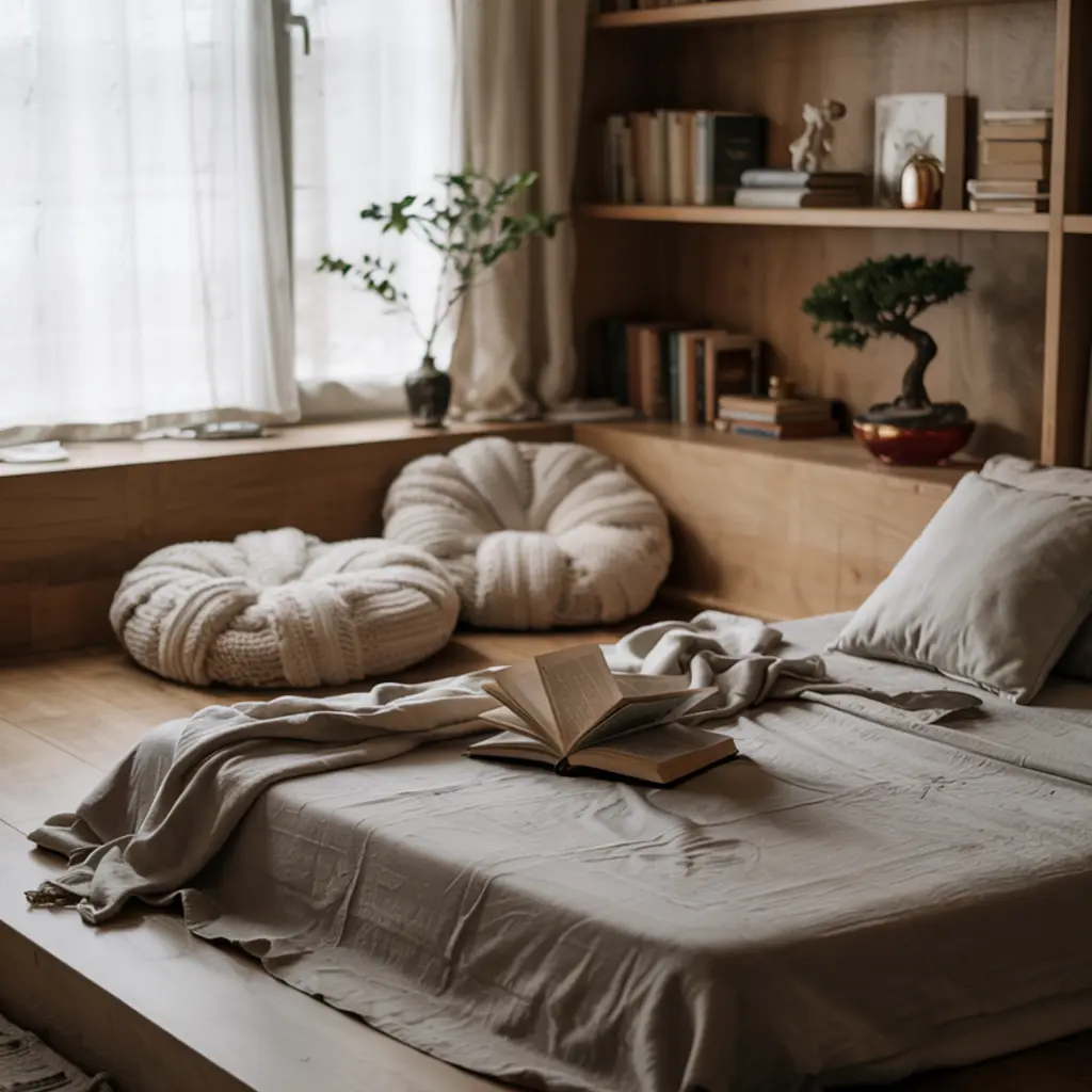 Japandi living room with zen reading nook