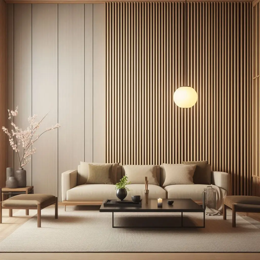 Japandi living room with wood slat panelling