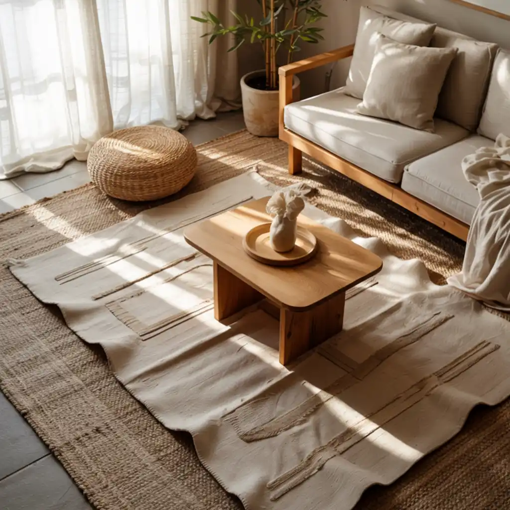 Mixed Texture Rugs in japandi living room