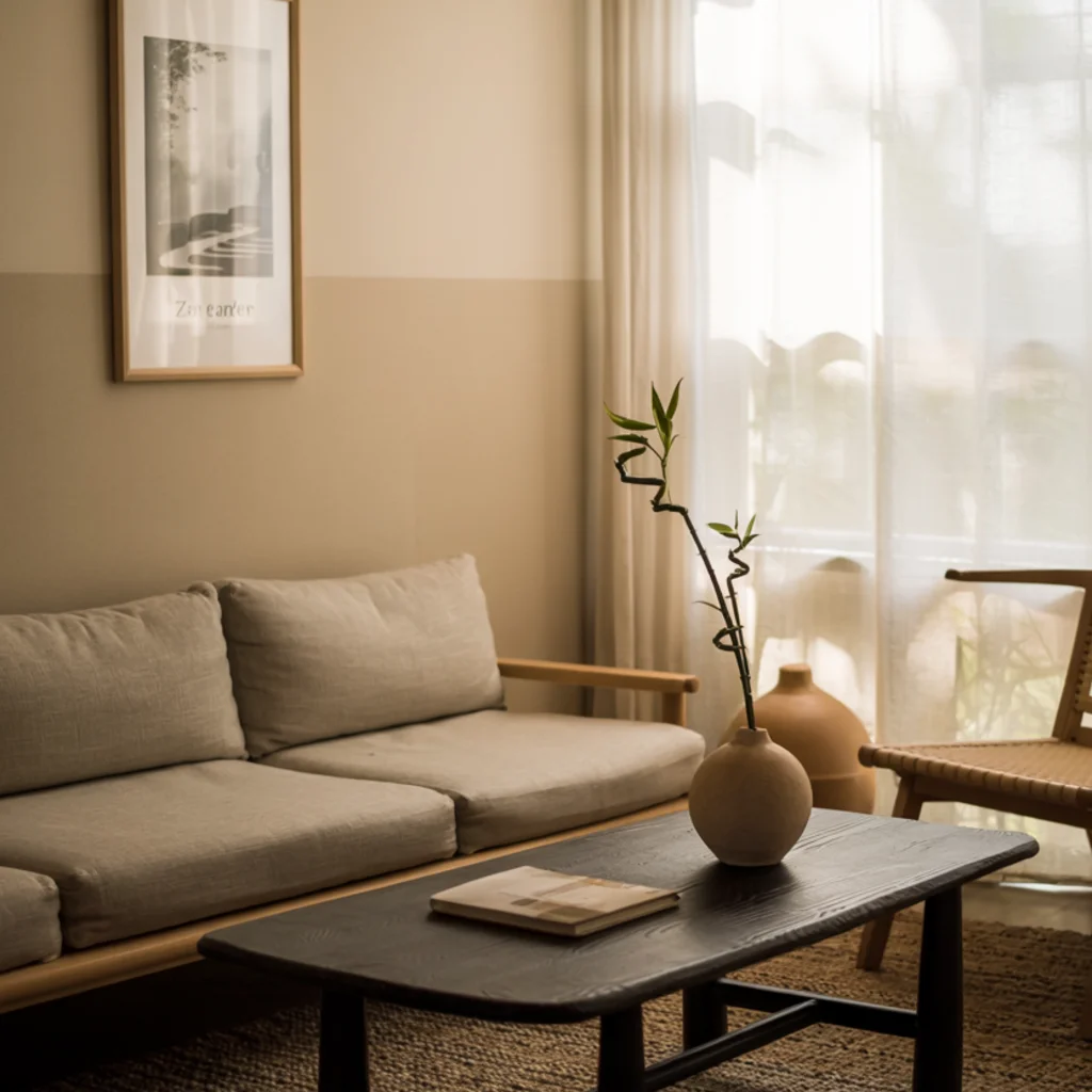 Muted Two-Tone Walls Japandi Living room