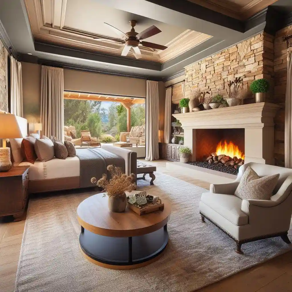 Master bedroom Nature inspired fireplace and outdoor sitting