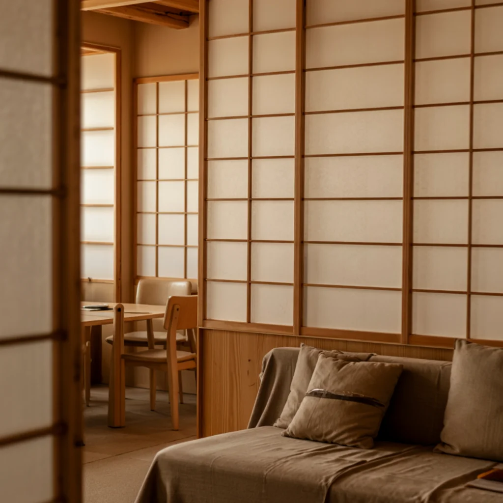 Sliding Shoji Screen Room Divider in japandi living room