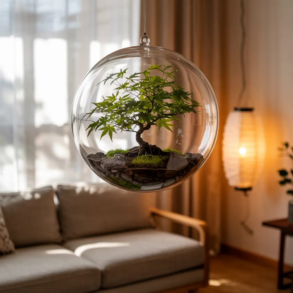 Suspended Bonsai Tree in the Japandi Living room