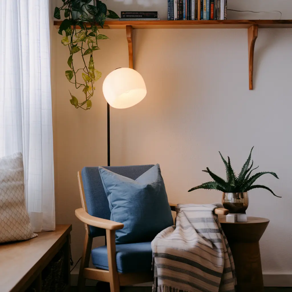 a cozy reading nook in the Japandi living room