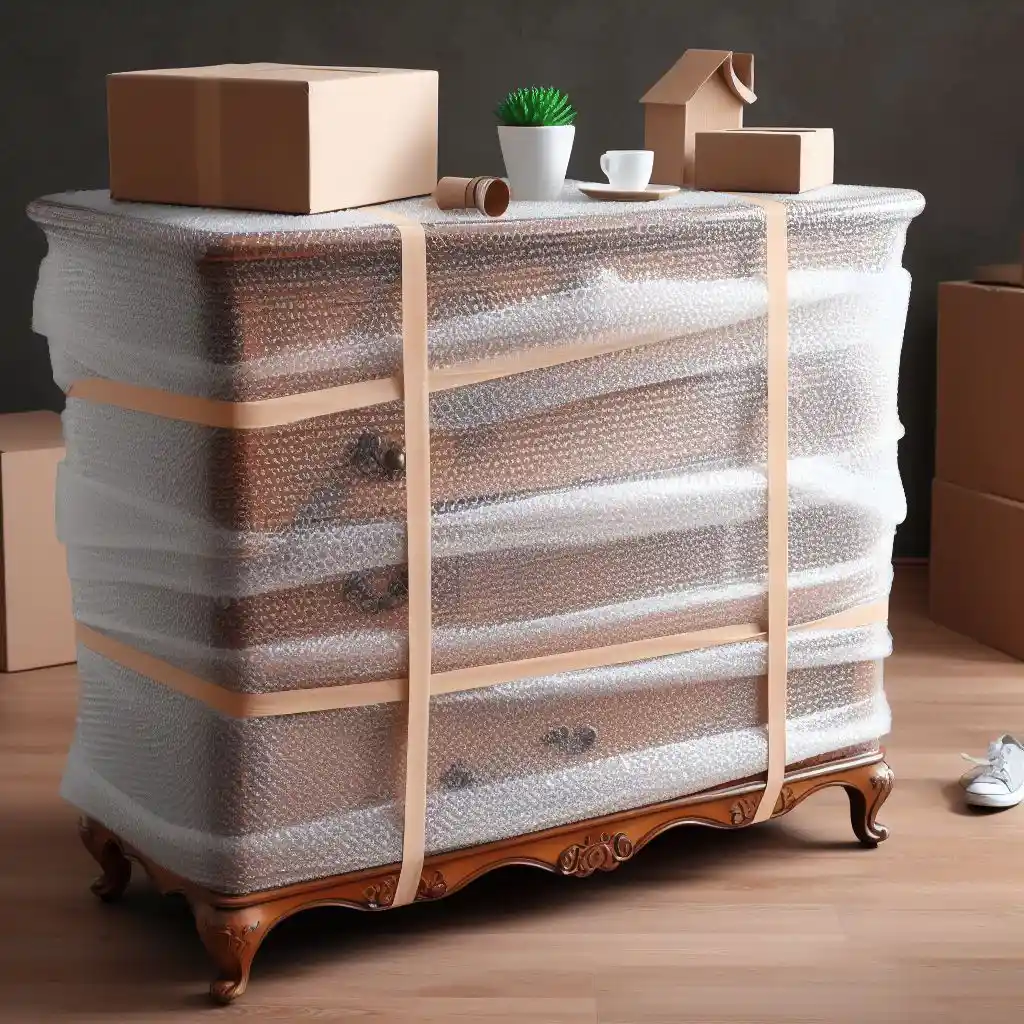 A dresser wrapped with bubble wrap