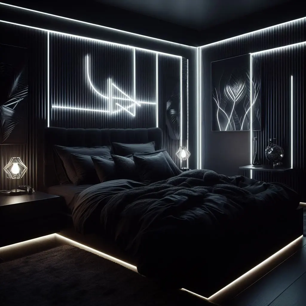 aesthetic black bedroom with neon lighting