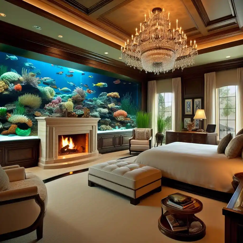master bedroom with aquarium above fireplace