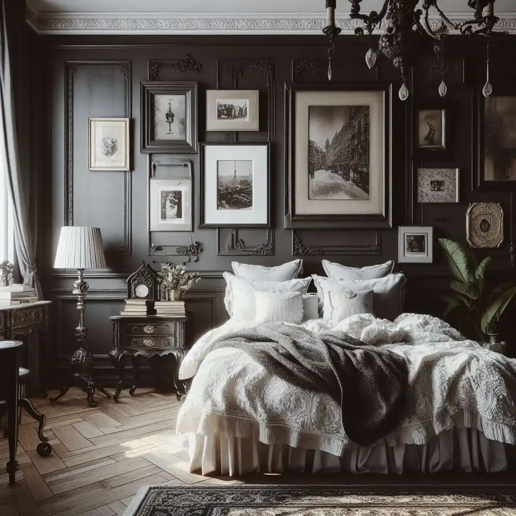 black and white bedroom in antique style