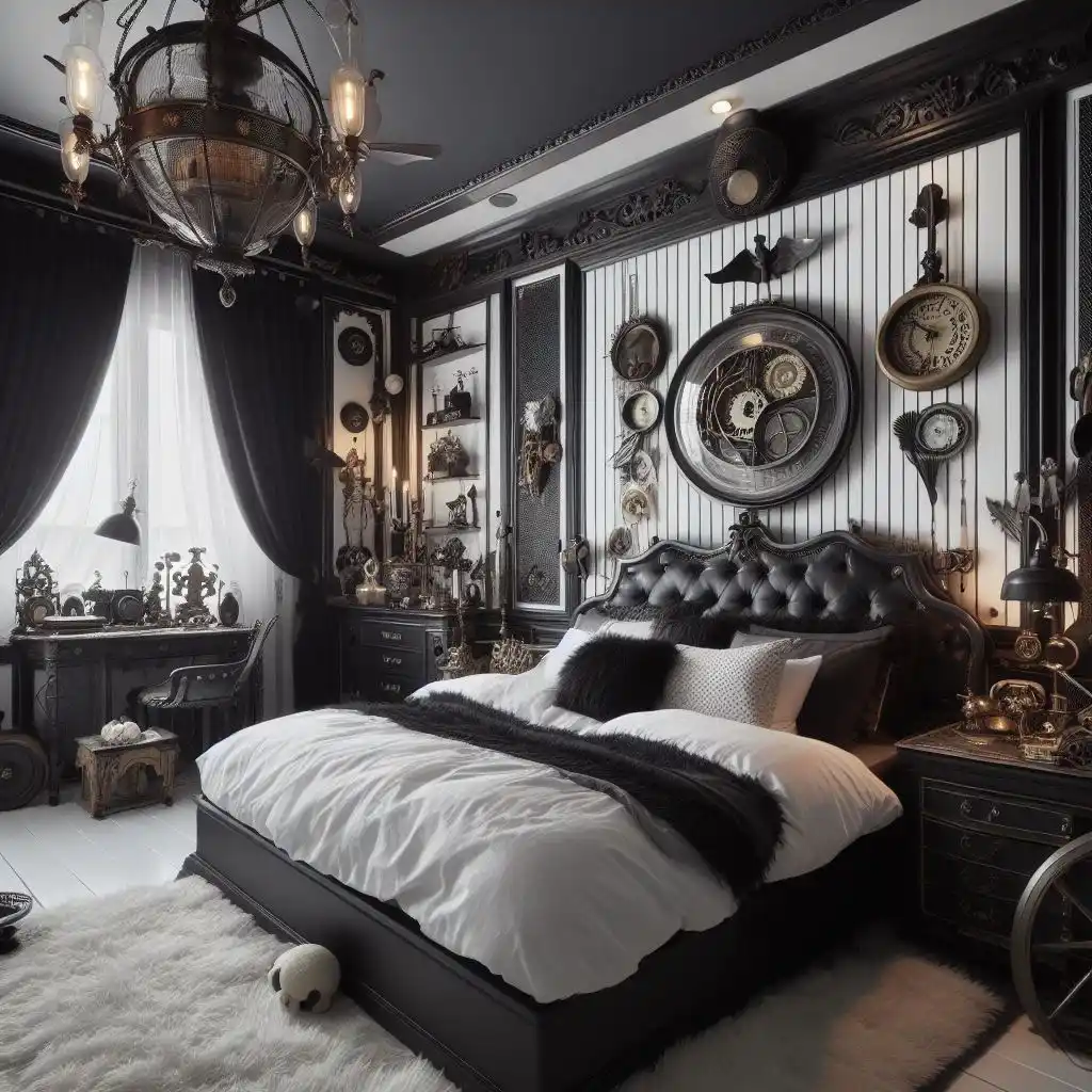 black and white bedroom with victorian era aesthetic