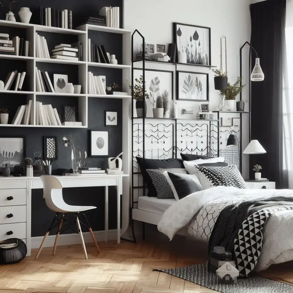black and white bedroom with black and white bookshelf