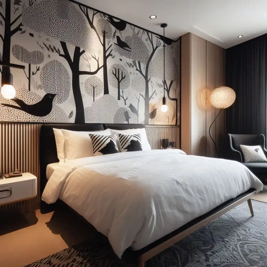 black and white bedroom with black and white wallpaper