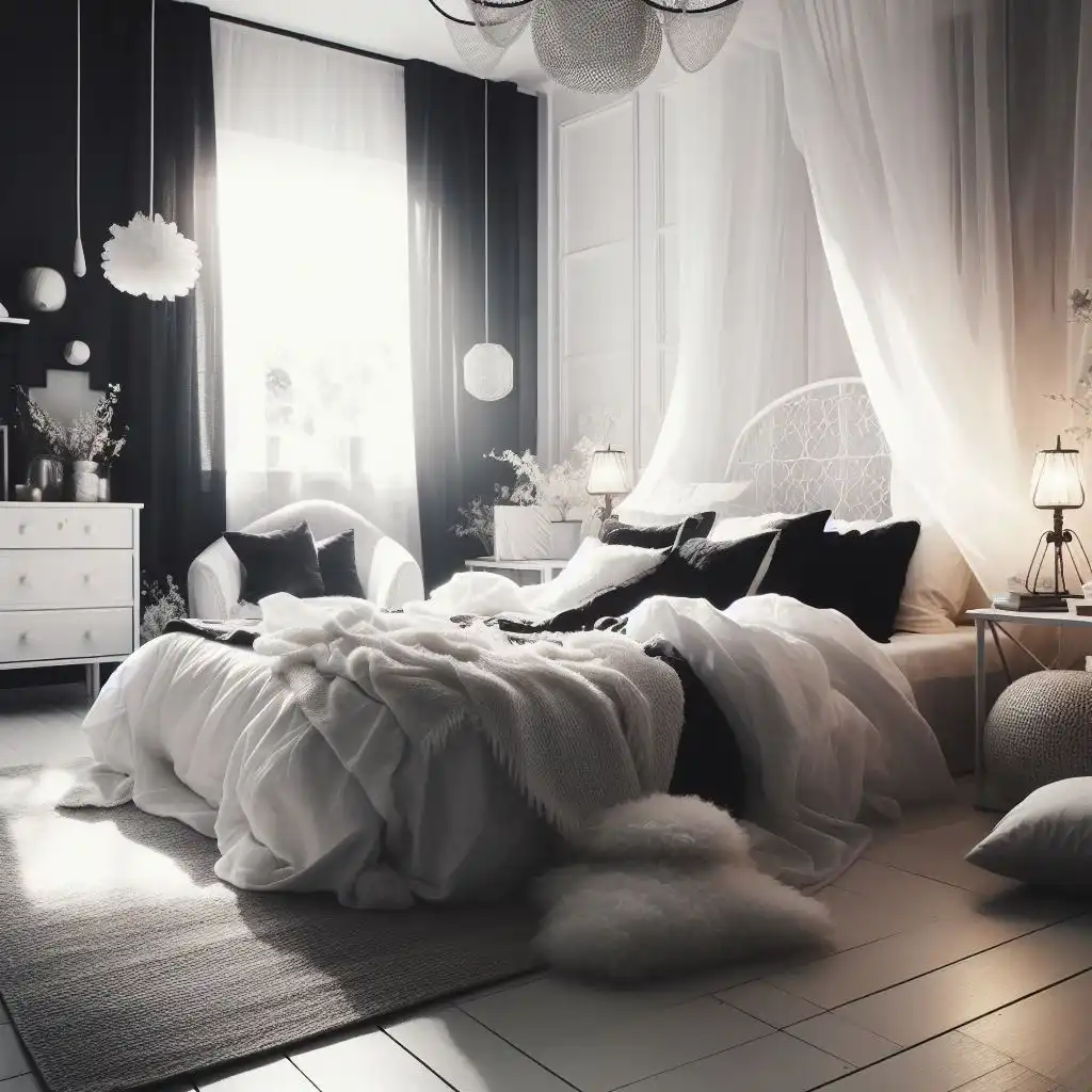 black and white bedroom with fairy tale charm