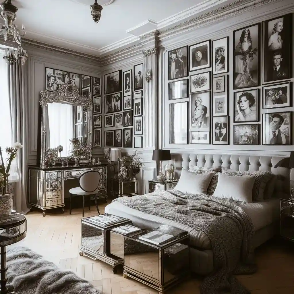 black and white bedroom with hollywood glam