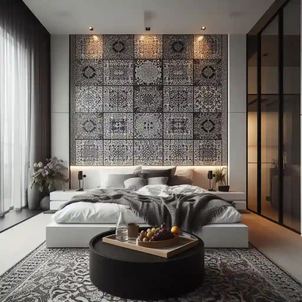 black and white bedroom with mosaic tiles essence