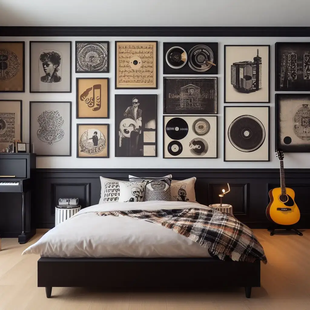 black and white bedroom with music lover heaven
