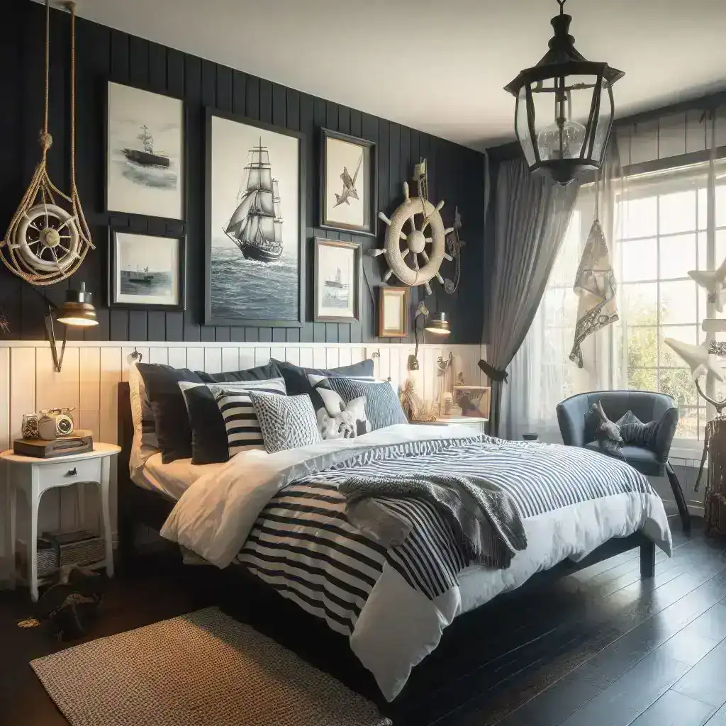 black and white bedroom with nautical theme
