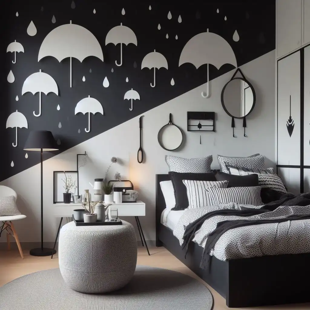 black and white bedroom with rainy day theme