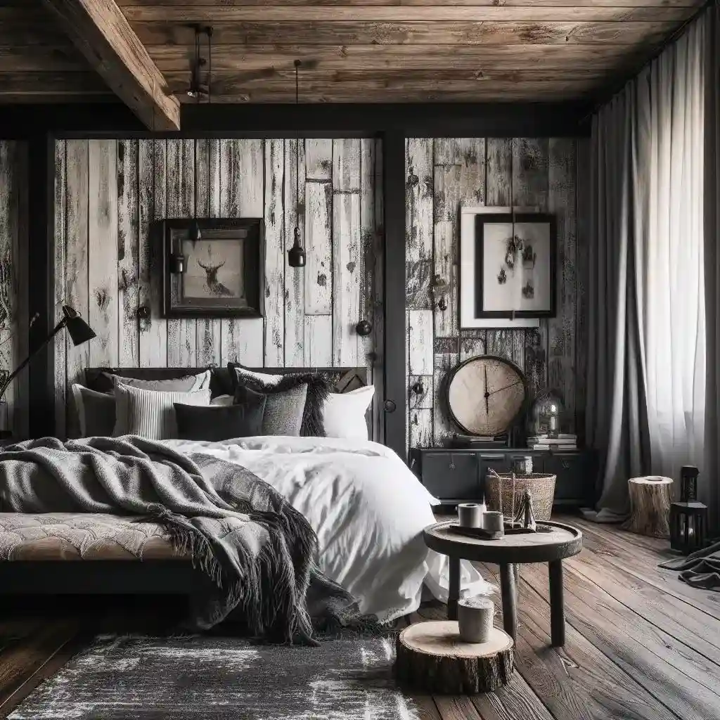 black and white bedroom with rustic vibe